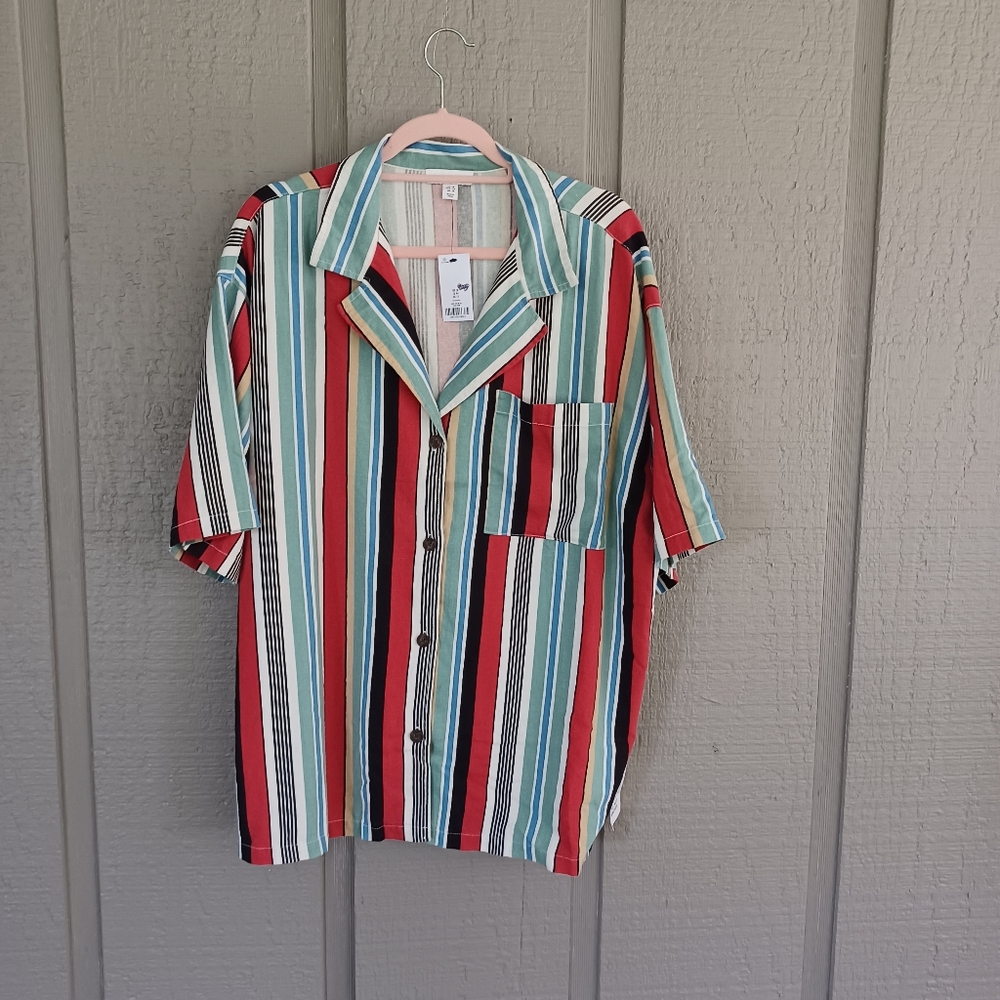 Topshop Stripe Oversize Linen Blend Shirt Size 12 Women Notched Collar Button Up